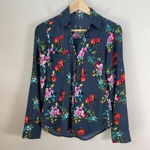 Express Womens XS Floral Button Up Blouse Roll Tab Sleeve Top
